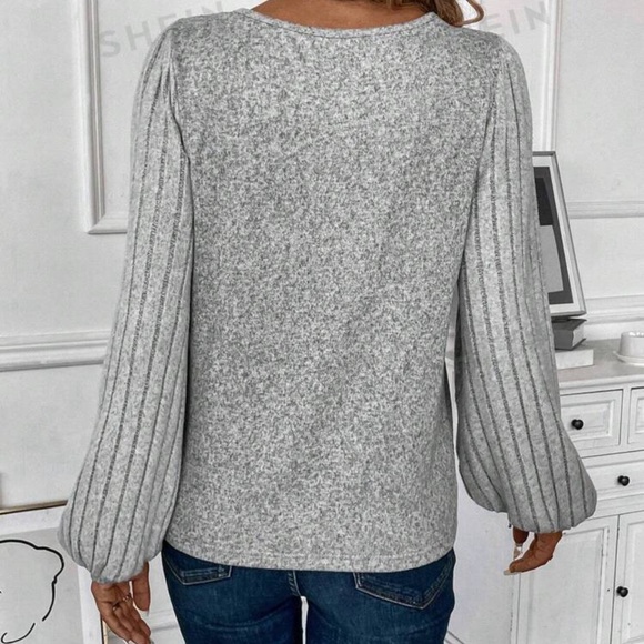 Lantern Sleeve V-Neck Top - Picture 2 of 6